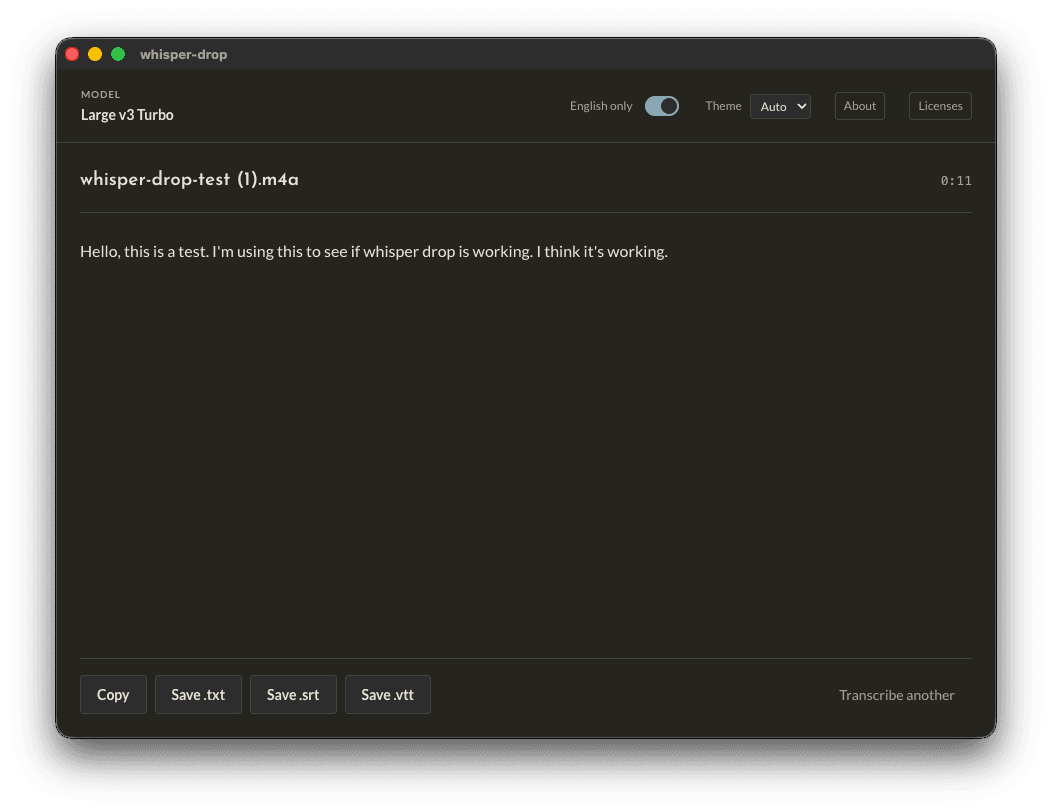 The whisper-drop window showing a finished transcript of an audio file, with Copy and subtitle export buttons